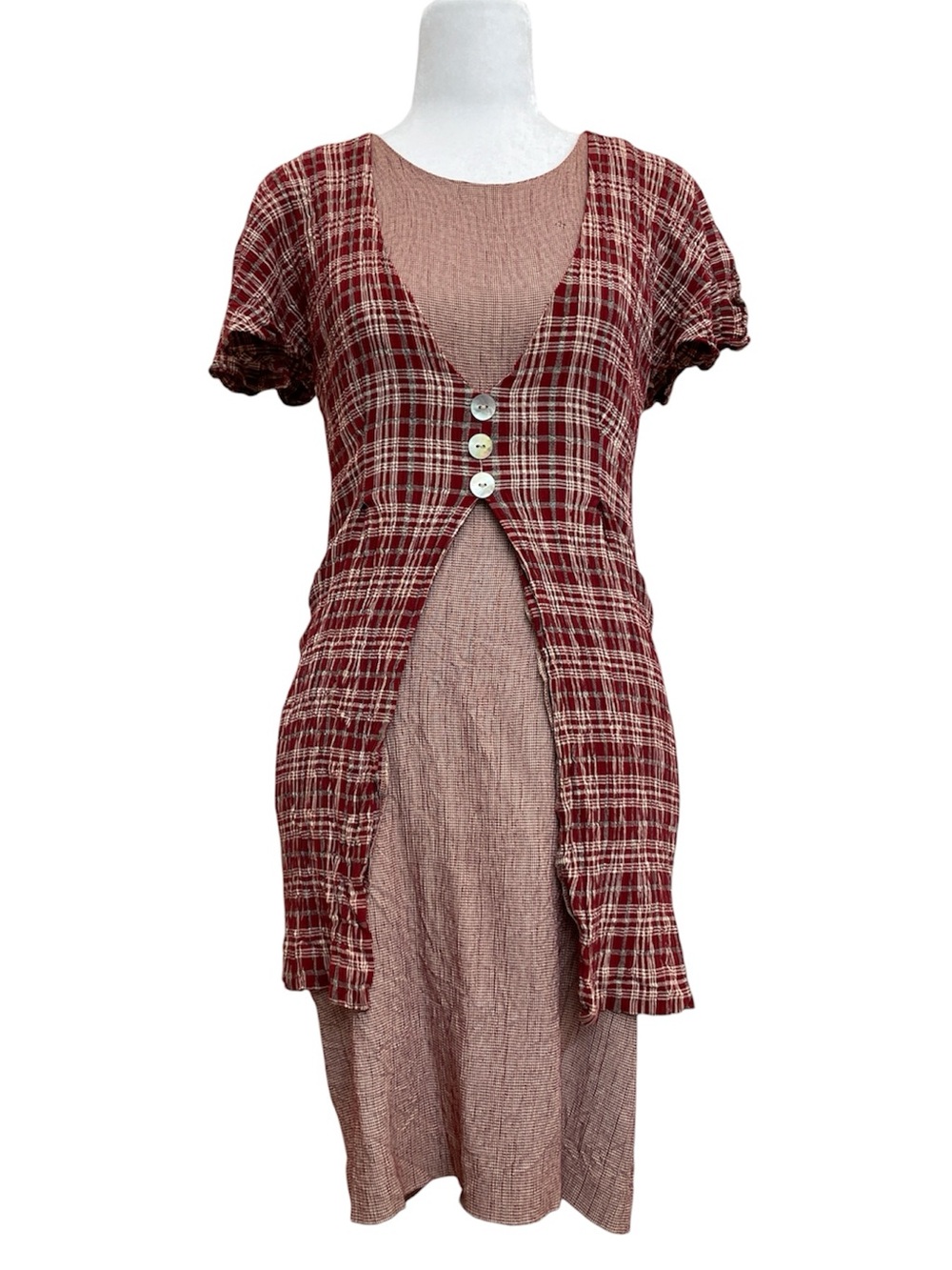Expo Petite Vintage 90s Red Plaid & Herringbone Crepe Twofer Dress